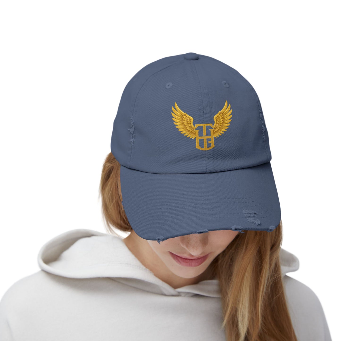 Distressed Wing Logo Cap — Gold Emblem Dad Hat