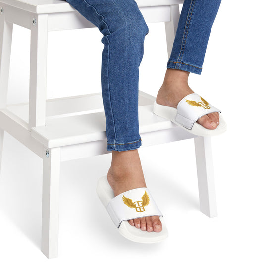 Youth Slides — White Removable-Strap Sandals with Gold Wing Emblem