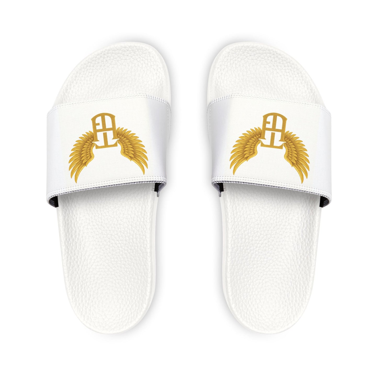 Youth Slides — White Removable-Strap Sandals with Gold Wing Emblem