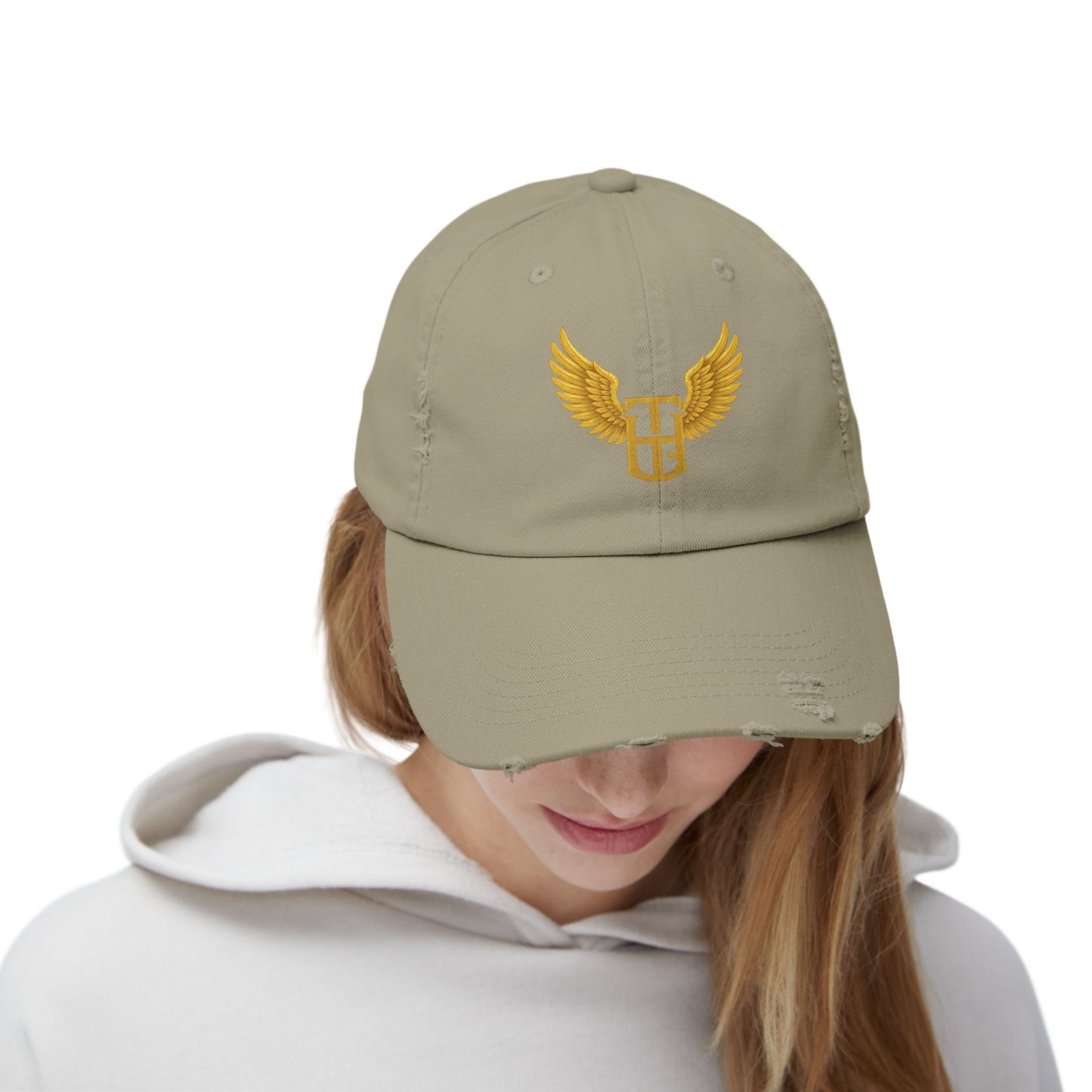Distressed Wing Logo Cap — Gold Emblem Dad Hat