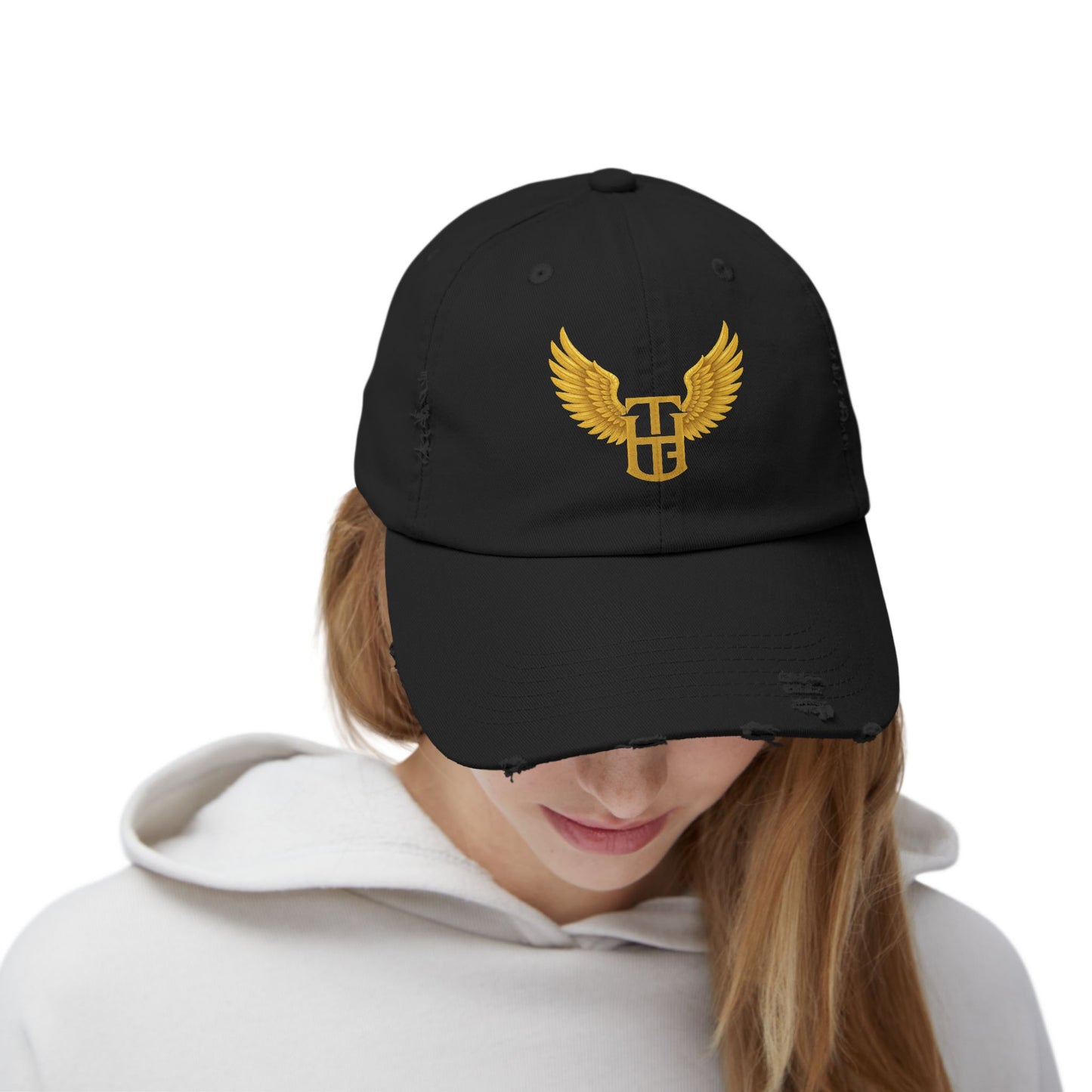 Distressed Wing Logo Cap — Gold Emblem Dad Hat