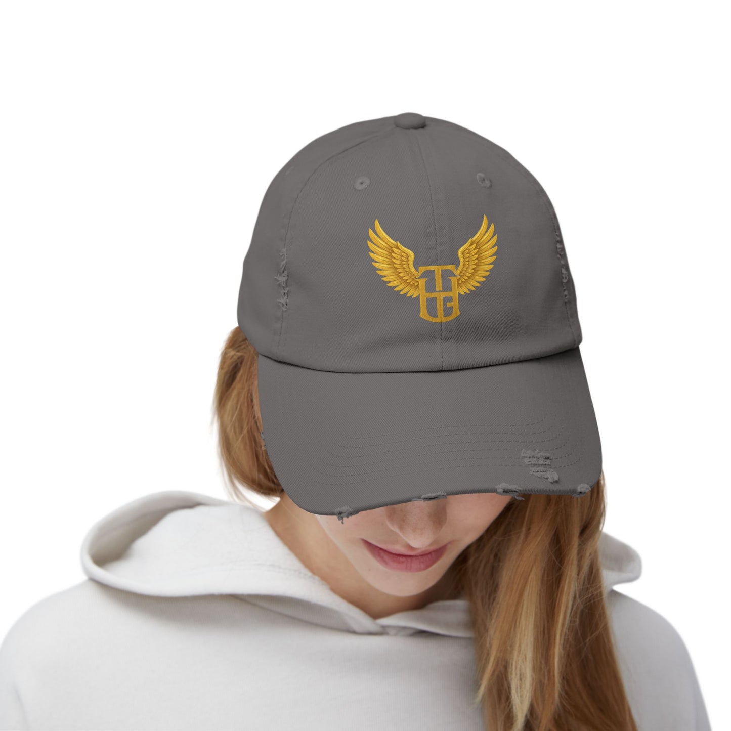 Distressed Wing Logo Cap — Gold Emblem Dad Hat