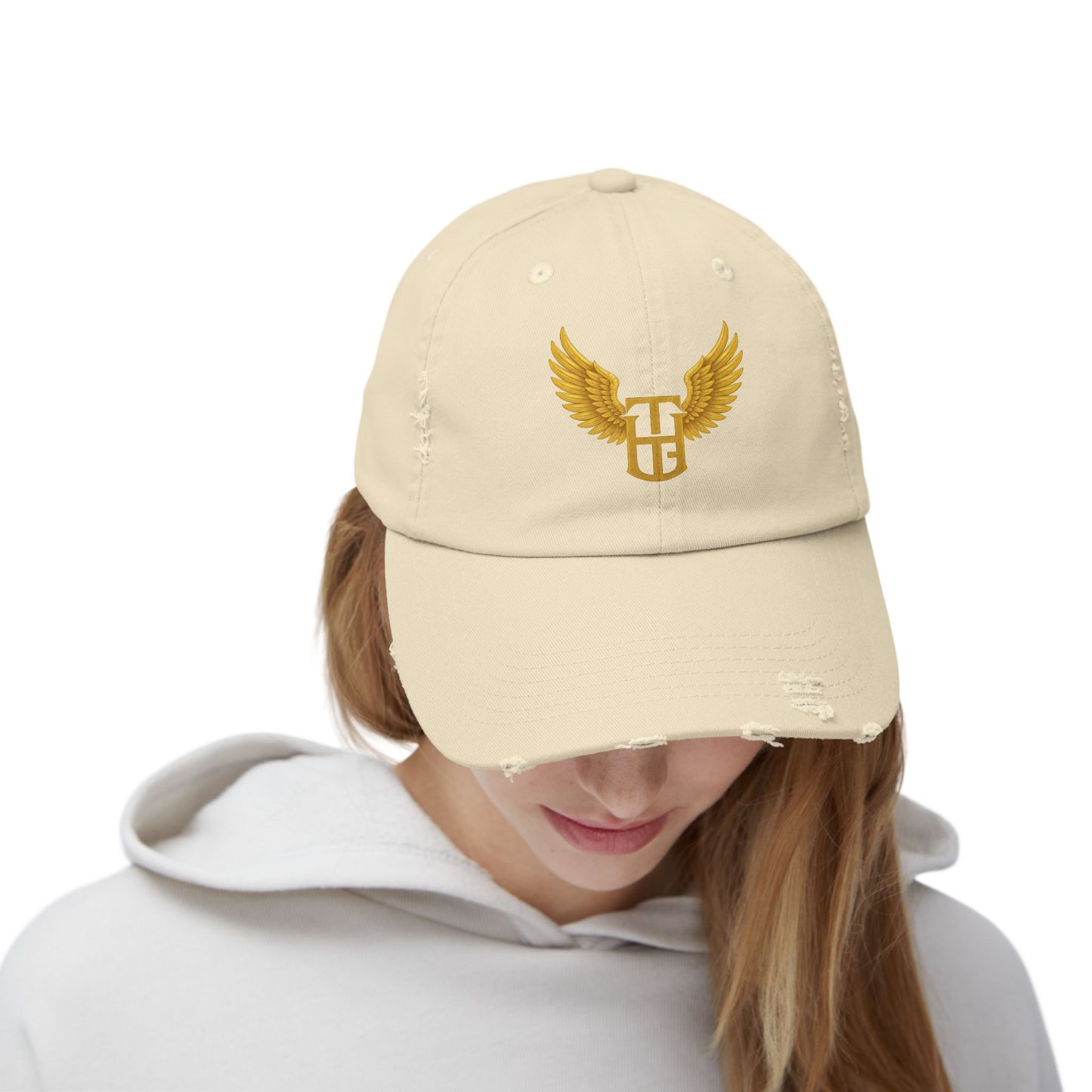 Distressed Wing Logo Cap — Gold Emblem Dad Hat
