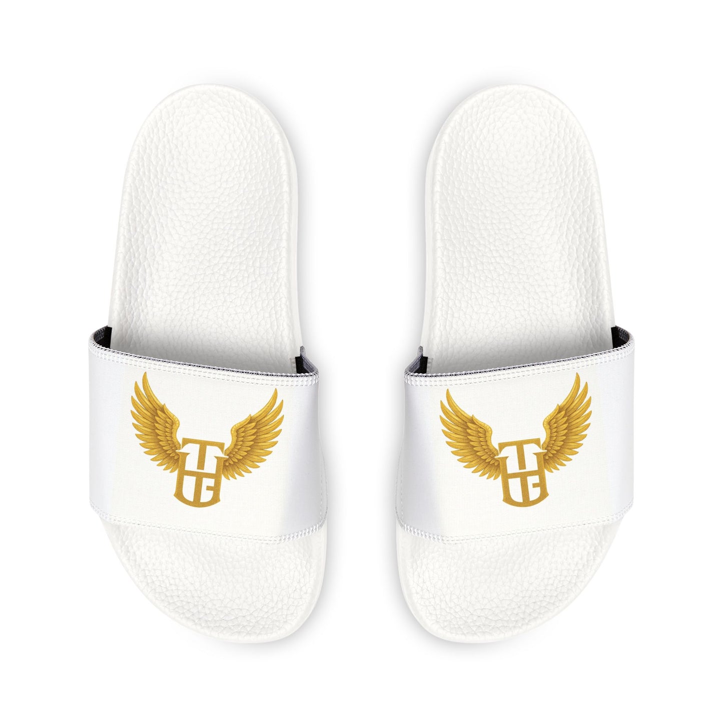 Youth Slides — White Removable-Strap Sandals with Gold Wing Emblem