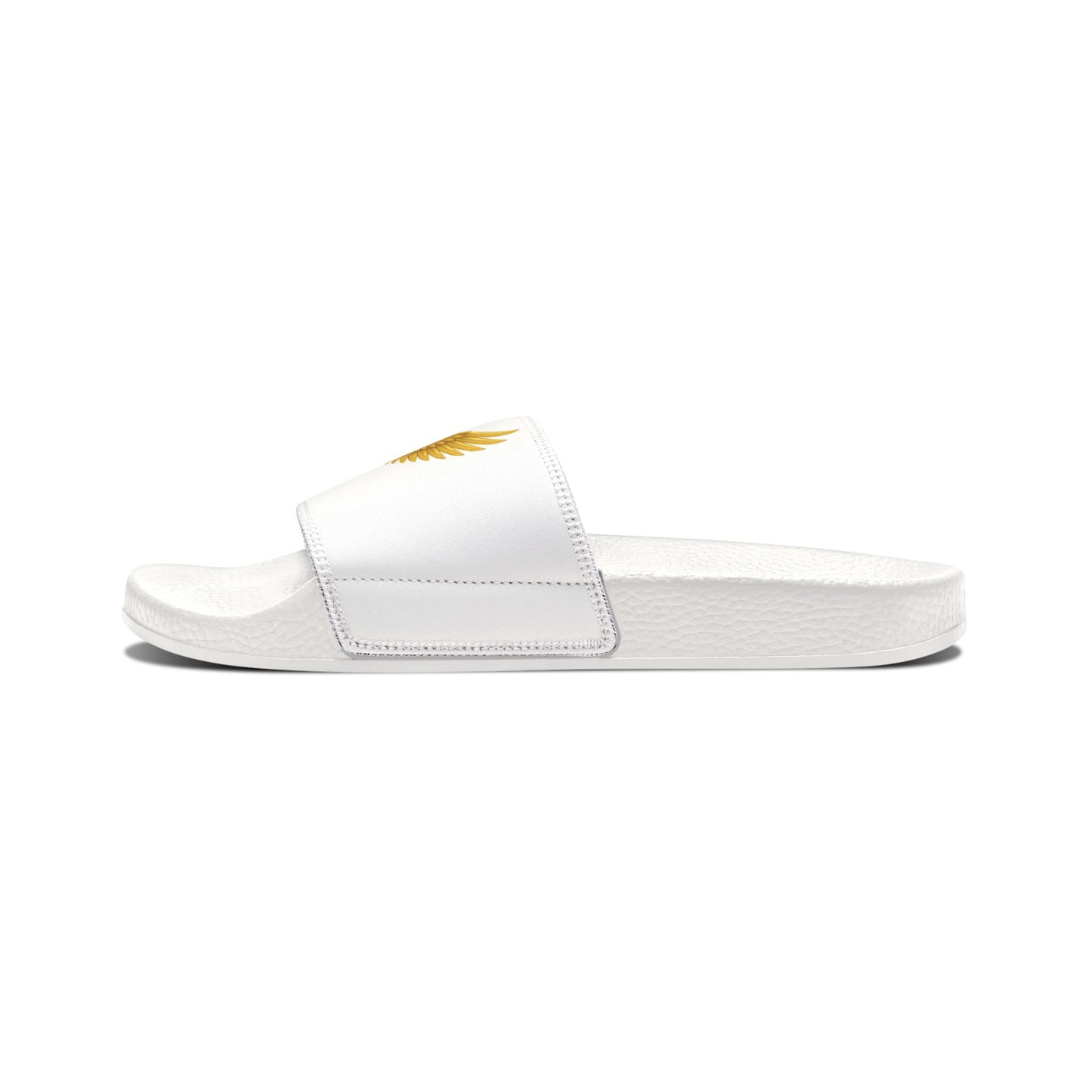Youth Slides — White Removable-Strap Sandals with Gold Wing Emblem